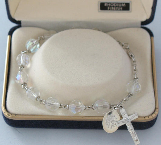 Rosary Bracelet - Aurora Borealis Crystal - Rhodium Plated