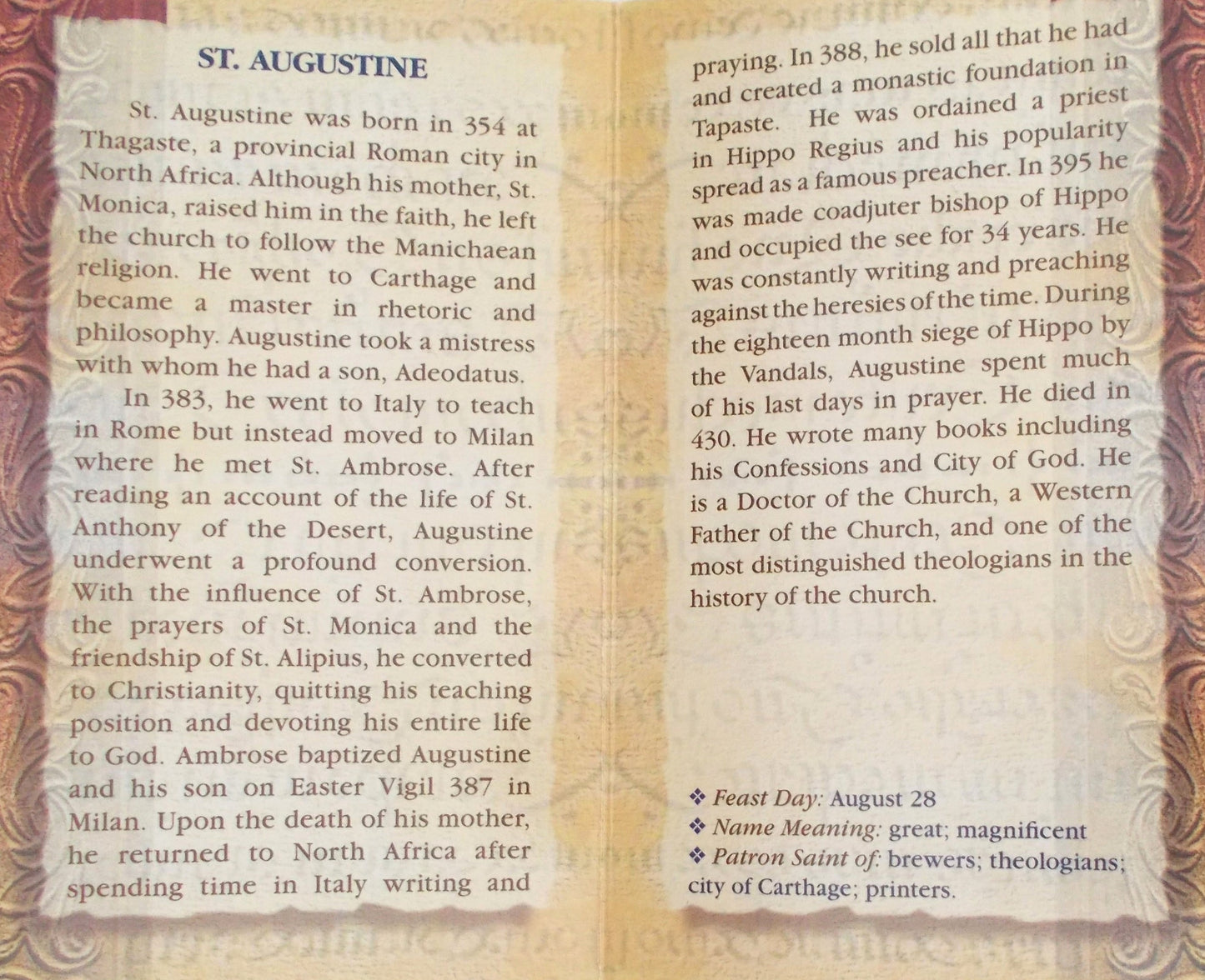 St. Augustine Biography Prayer Pamphlet