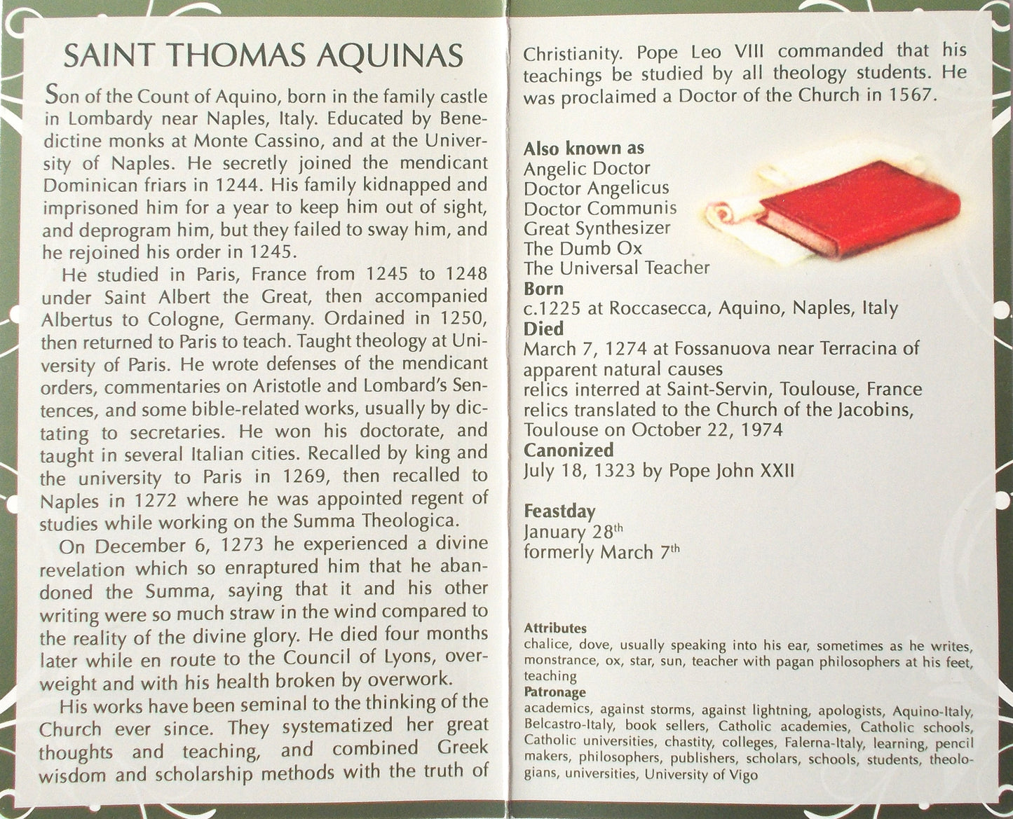 St. Thomas Aquinas Mini Lives Prayer Pamphlet