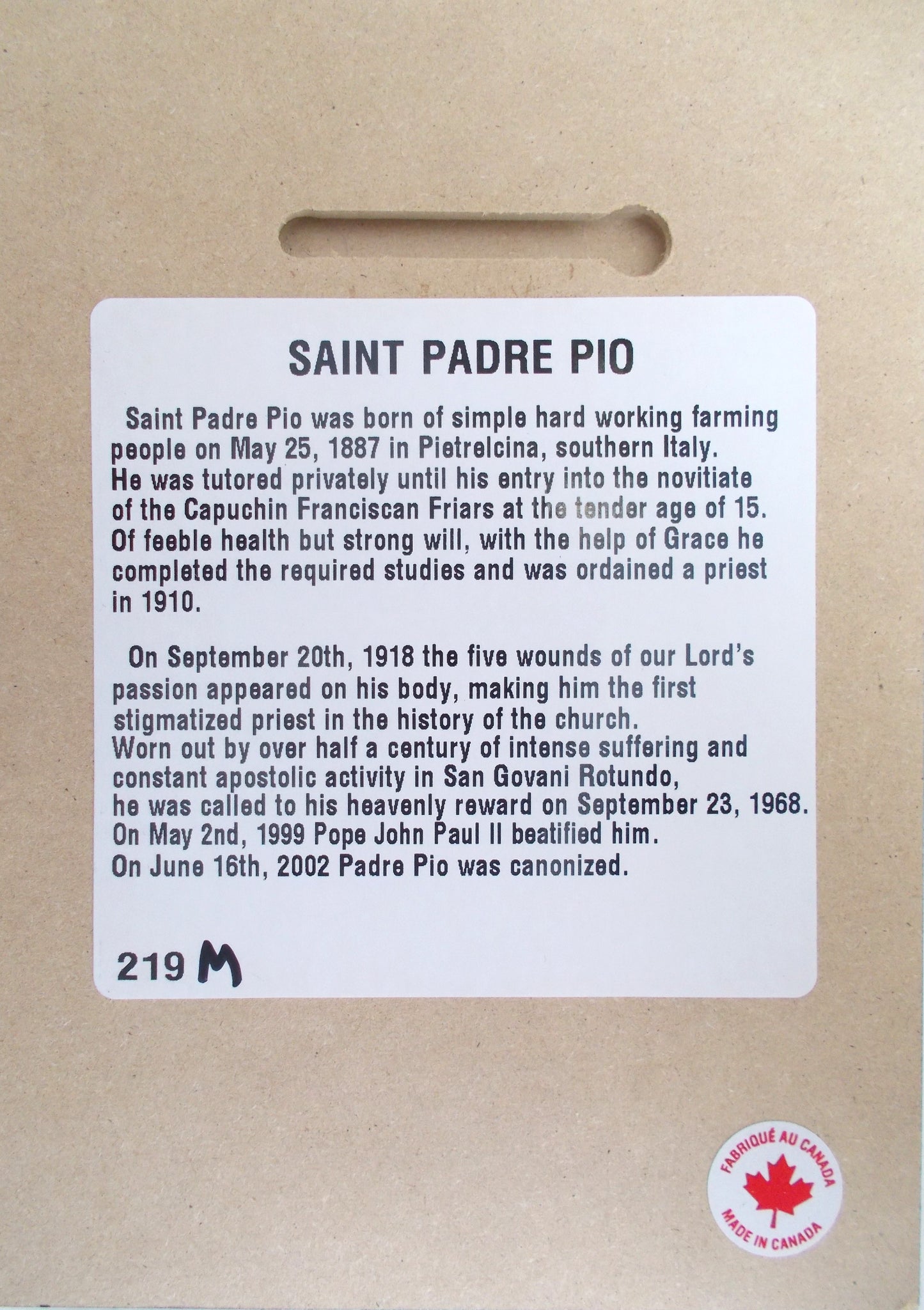 St. Padre Pio Plaque