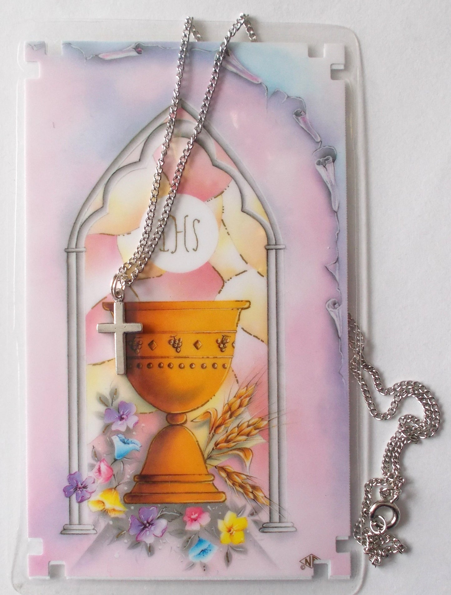 First Communion Prayercard & Silver Cross Pendant