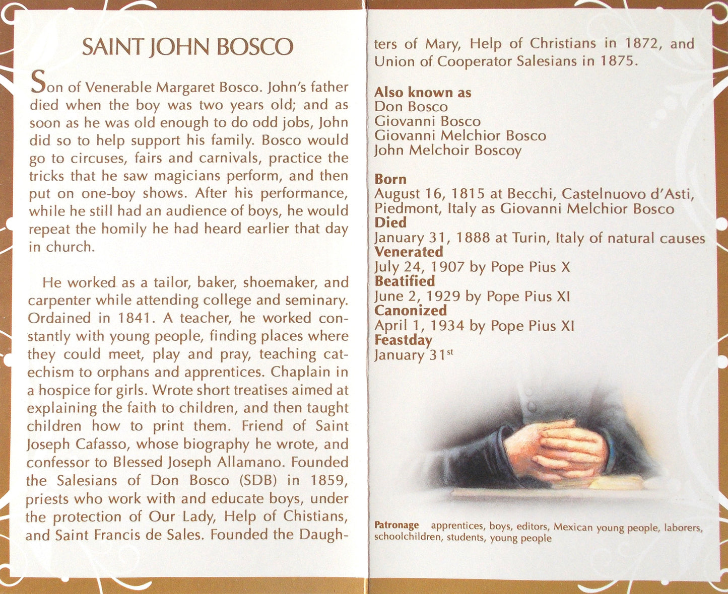 St. John Bosco Mini Lives Prayer Pamphlet