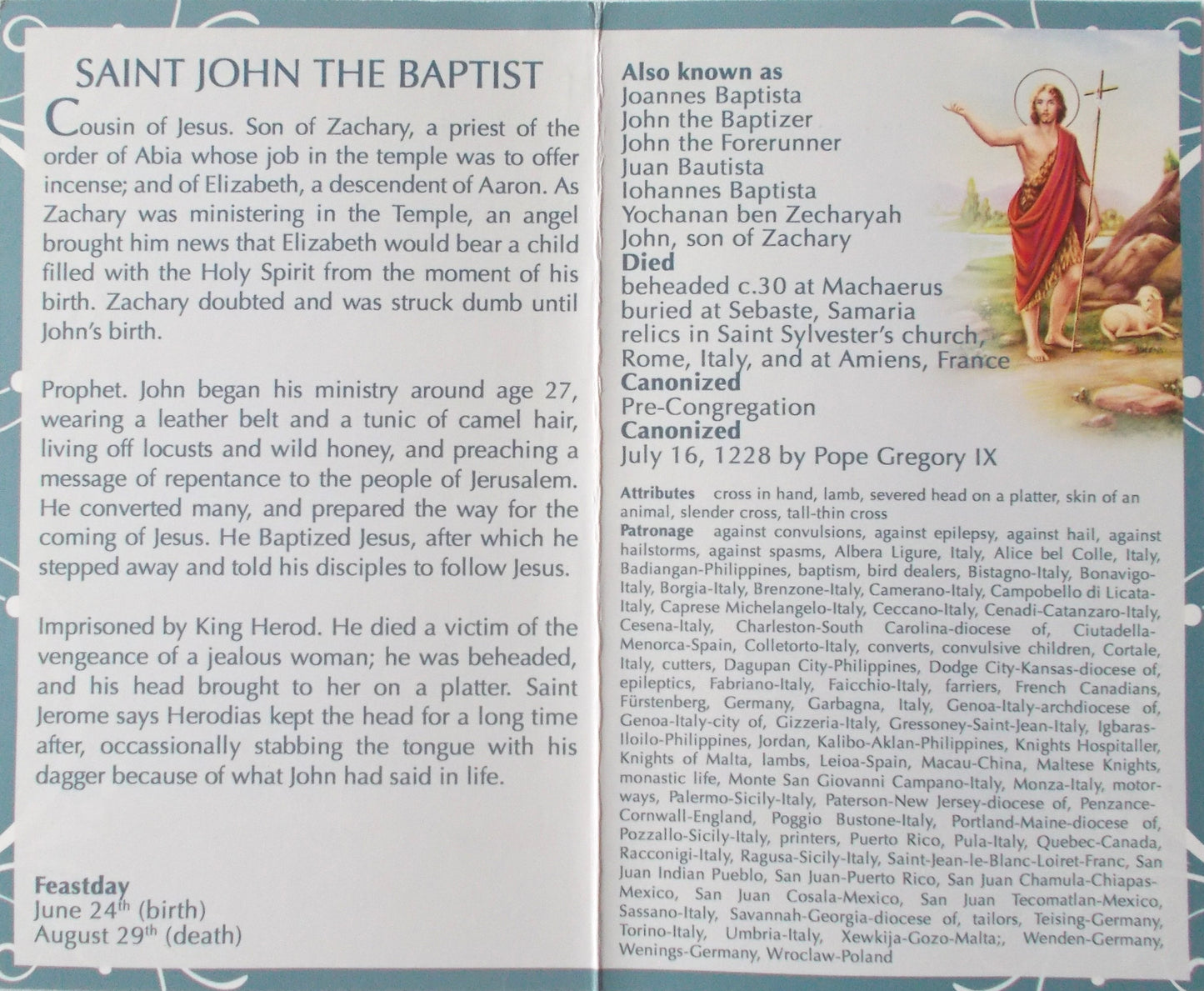 St. John the Baptist Mini Lives Prayer Pamphlet