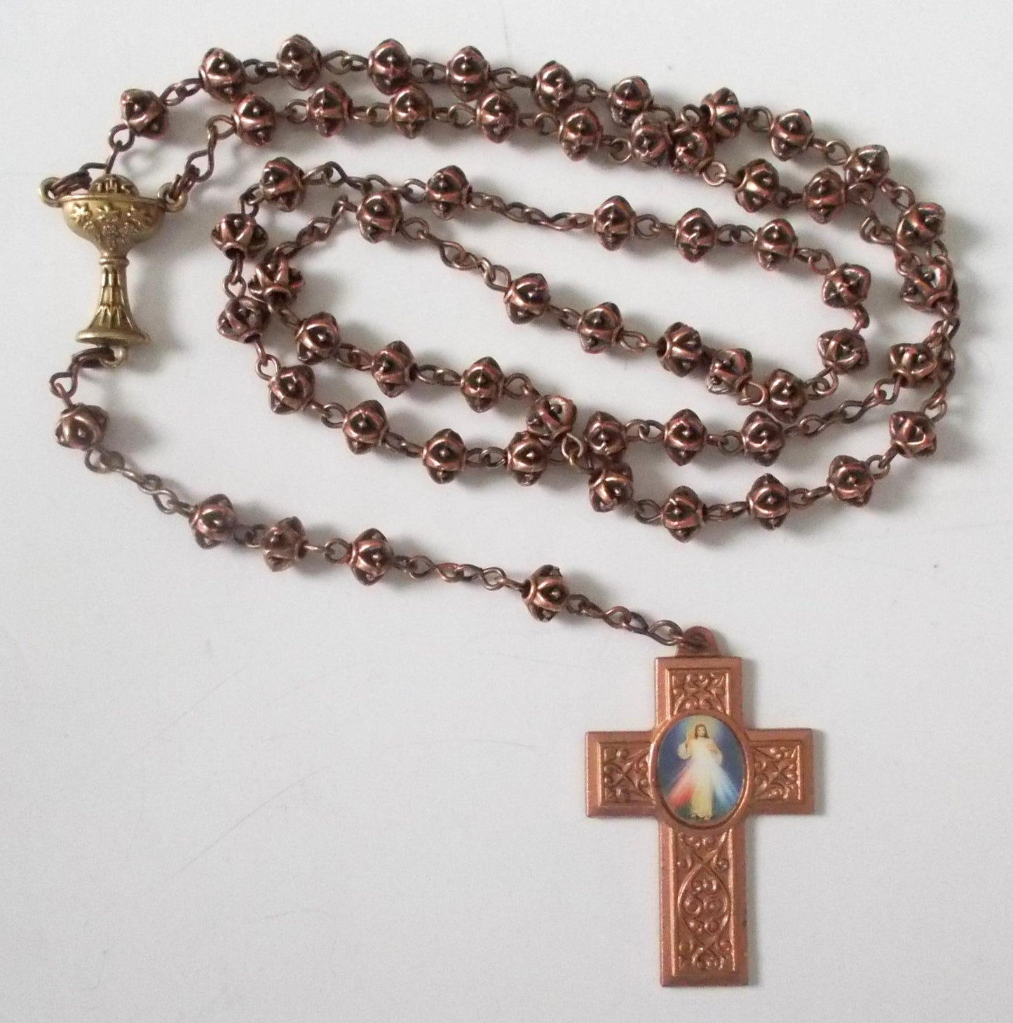 Copper-tone Rosary with Divine Mercy Cross & Bronze Chalice