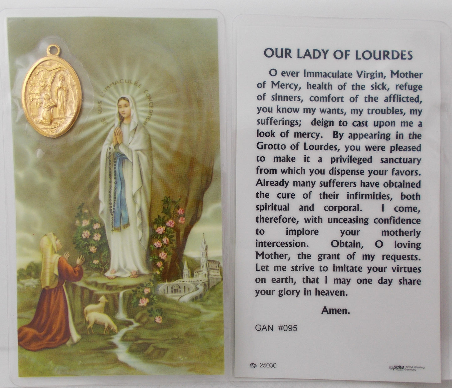 Laminated with Medal - Our Lady of Lourdes