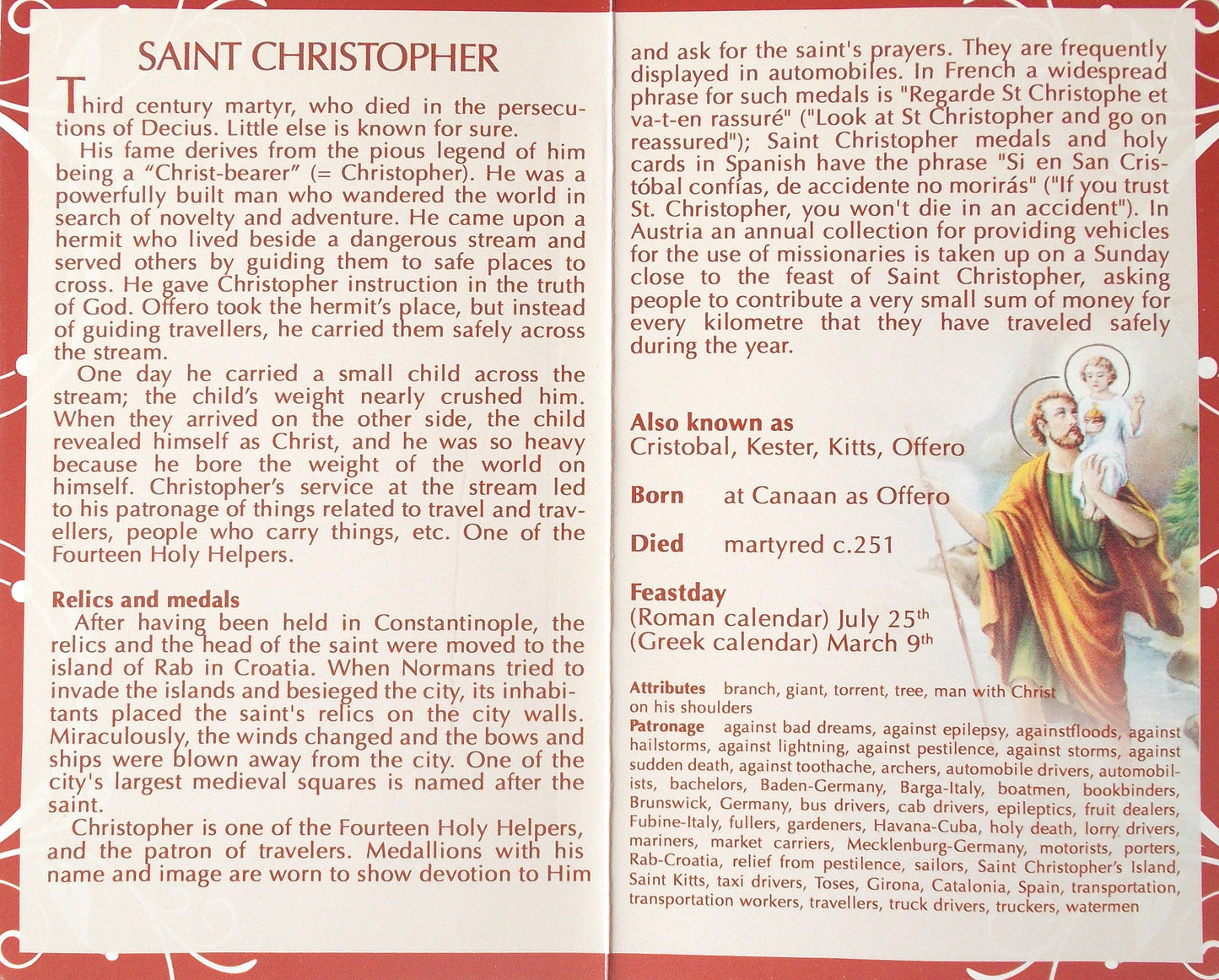 St. Christopher Mini Lives Prayer Pamphlet