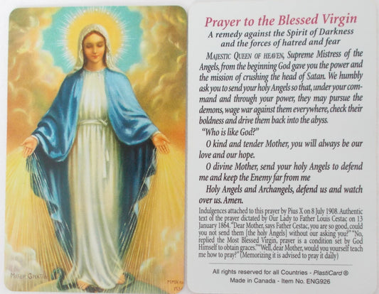 Our Lady of Grace Plastic Prayercard - Prayer against Spirit of Darkness