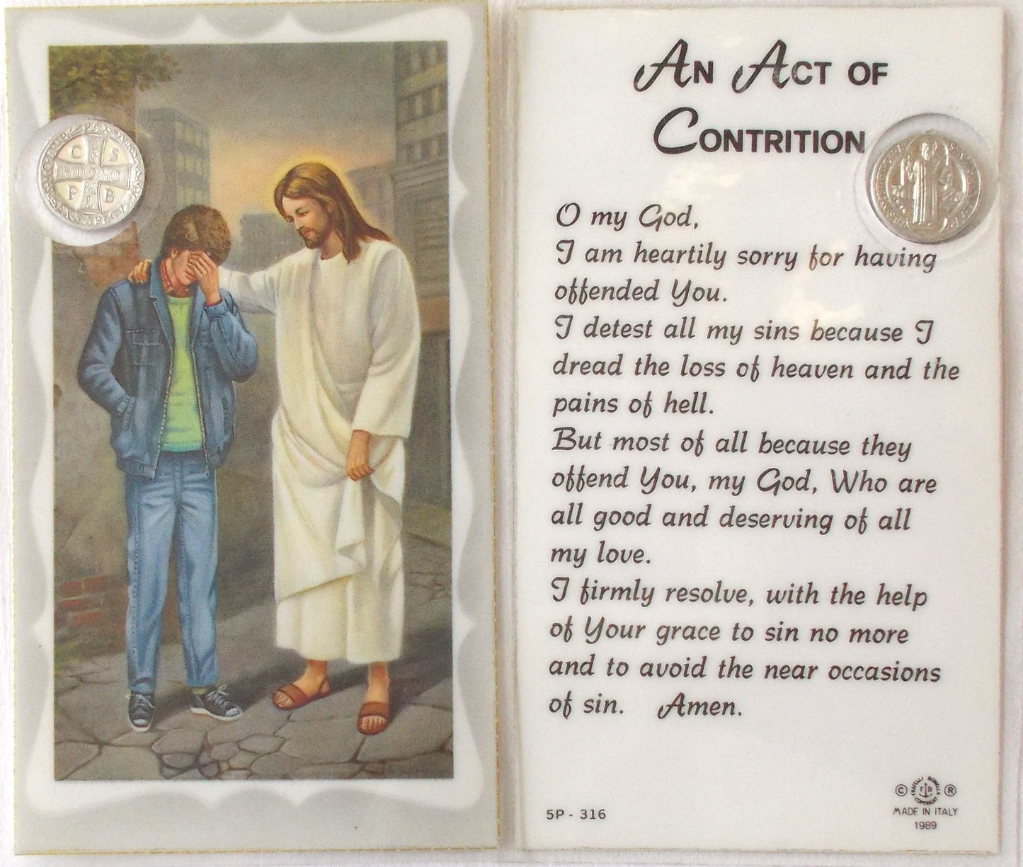 Laminated with St. Benedict Medal - Jesus with Teen Boy - Act of Contrition