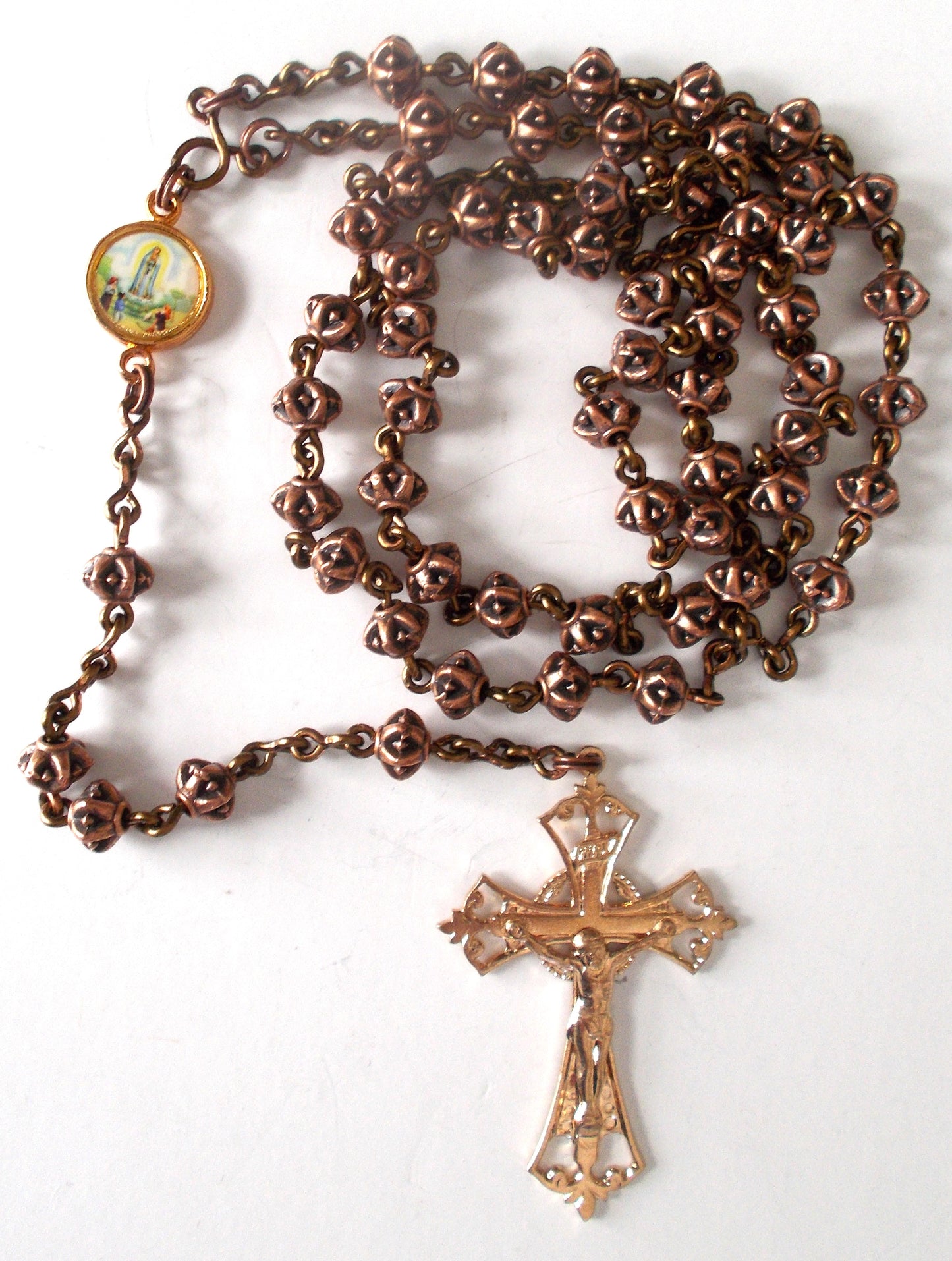 Copper-tone Rosary with Gold-tone Crucifix & Sacred Heart / Fatima Center