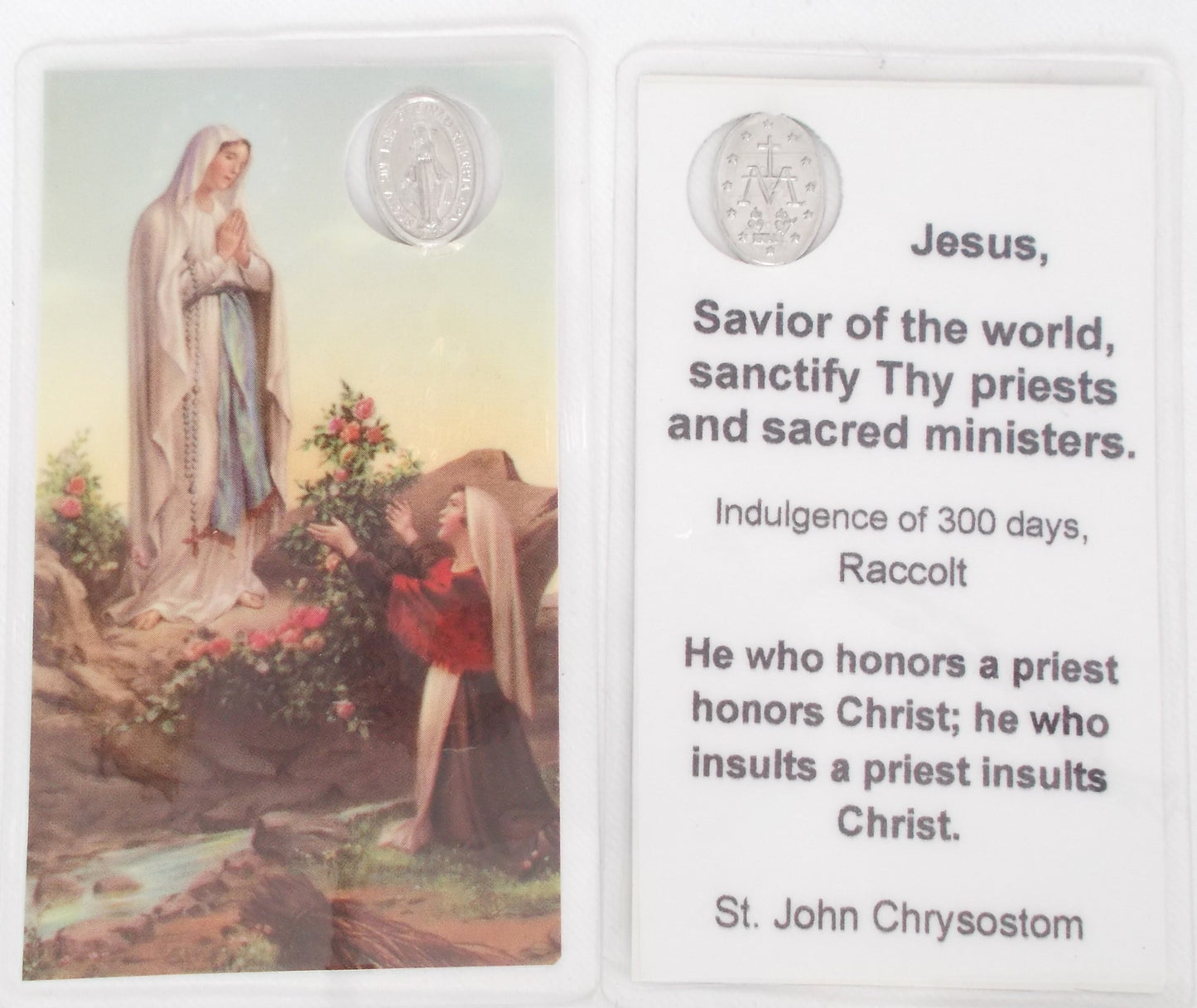 Laminated with Miraculous Medal - Our Lady of Lourdes - Sanctify Thy priests