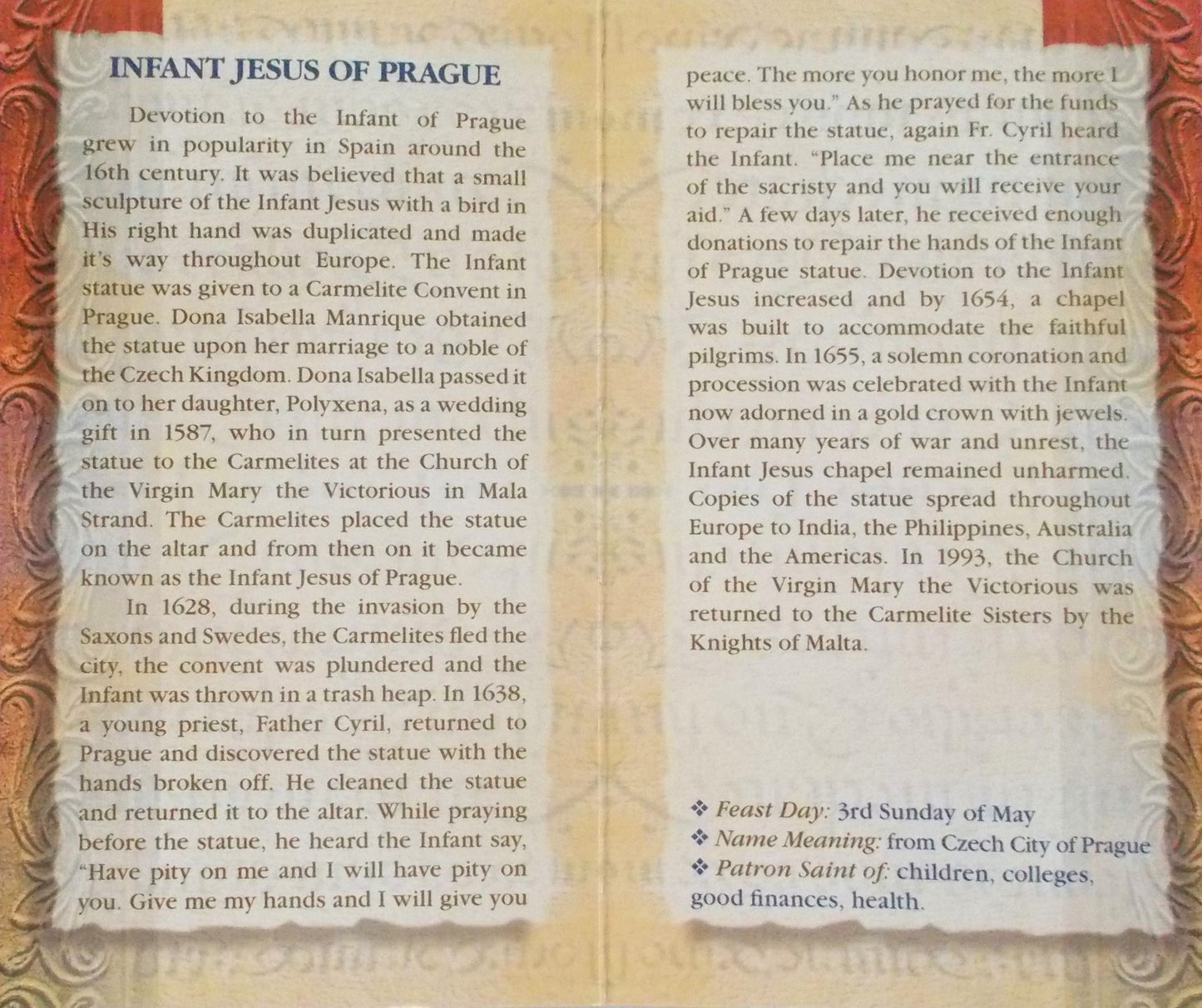 Infant of Prague Biography Prayer Pamphlet