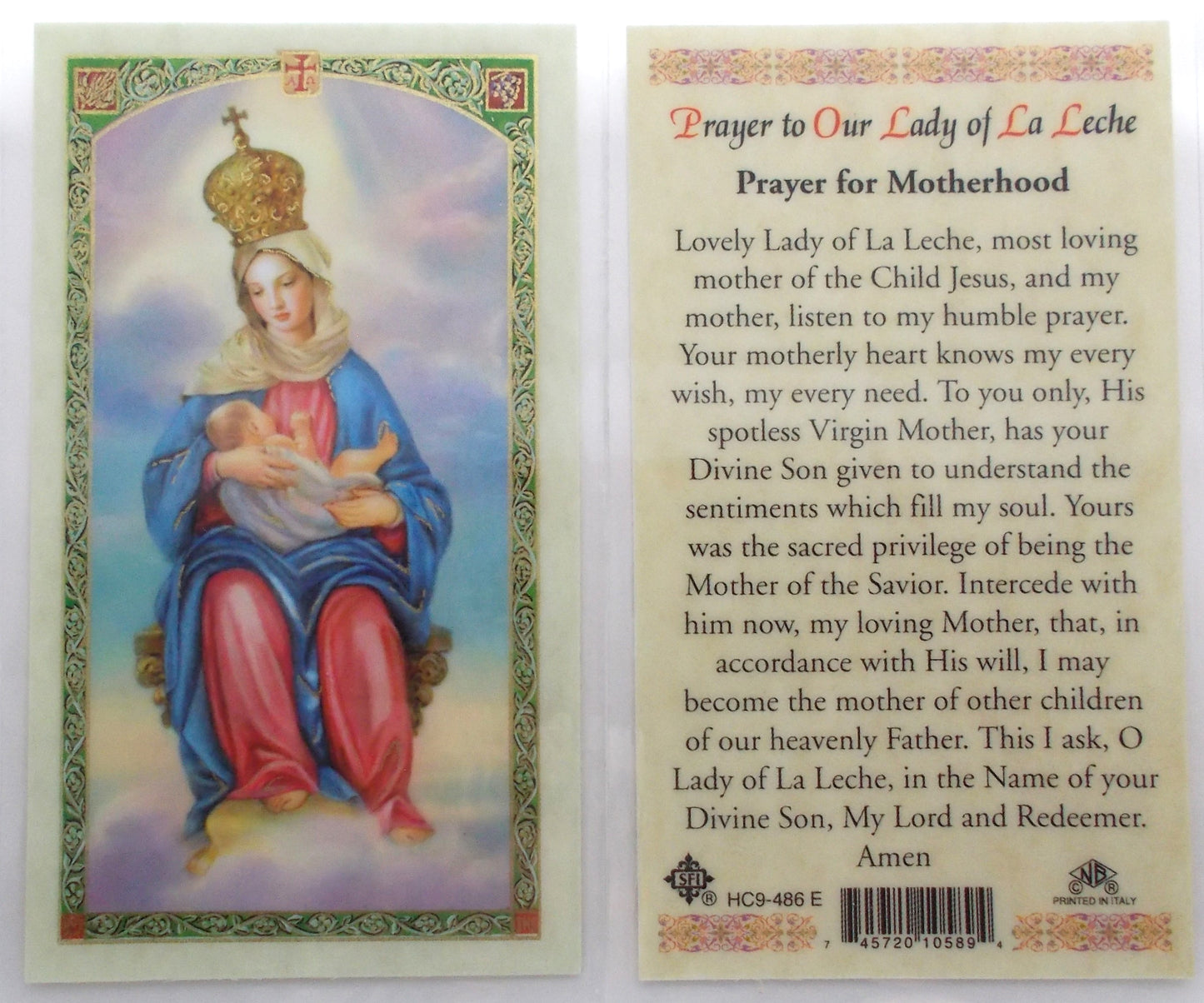 Laminated - Our Lady of La Leche - Prayer for Motherhood