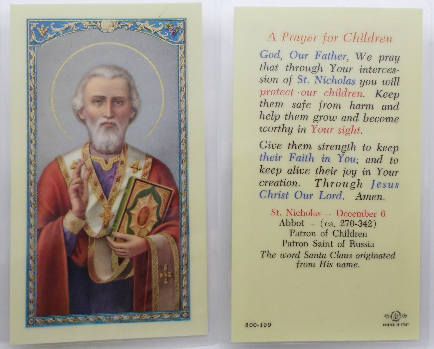 Laminated - St. Nicholas - A Prayer for Children