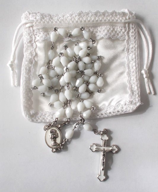 1st Communion Rosary - White Teardrop Opaque with Satin Pouch