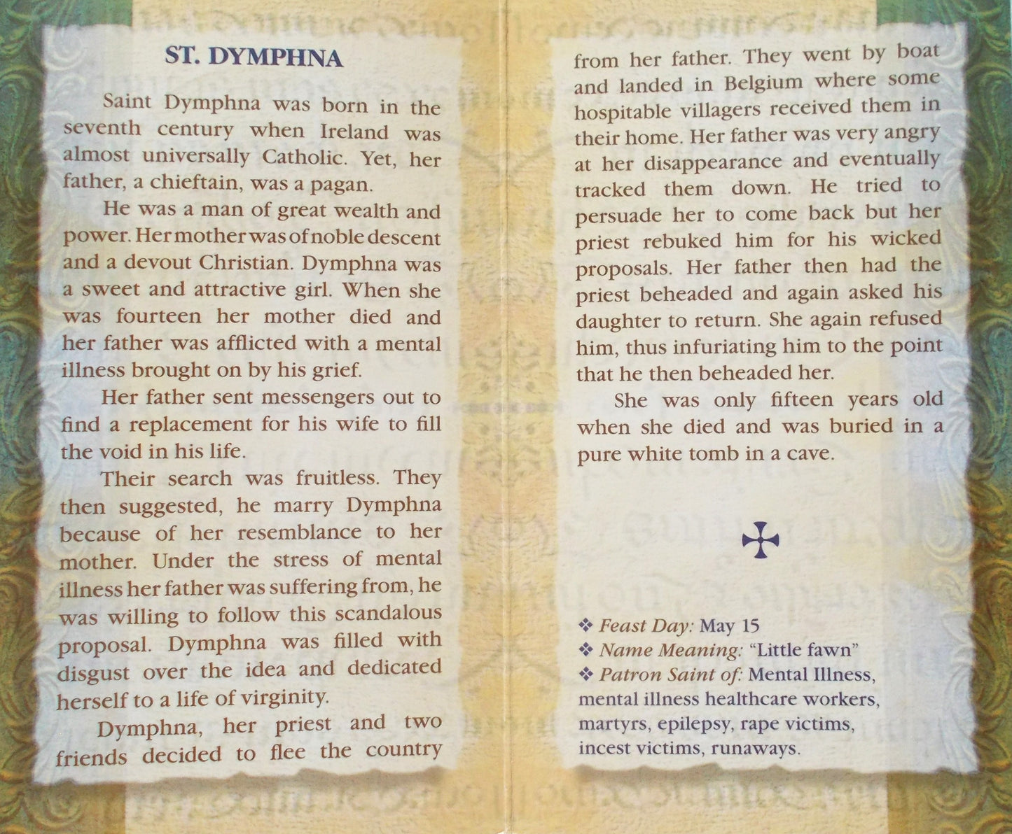 St. Dymphna Biography Prayer Pamphlet