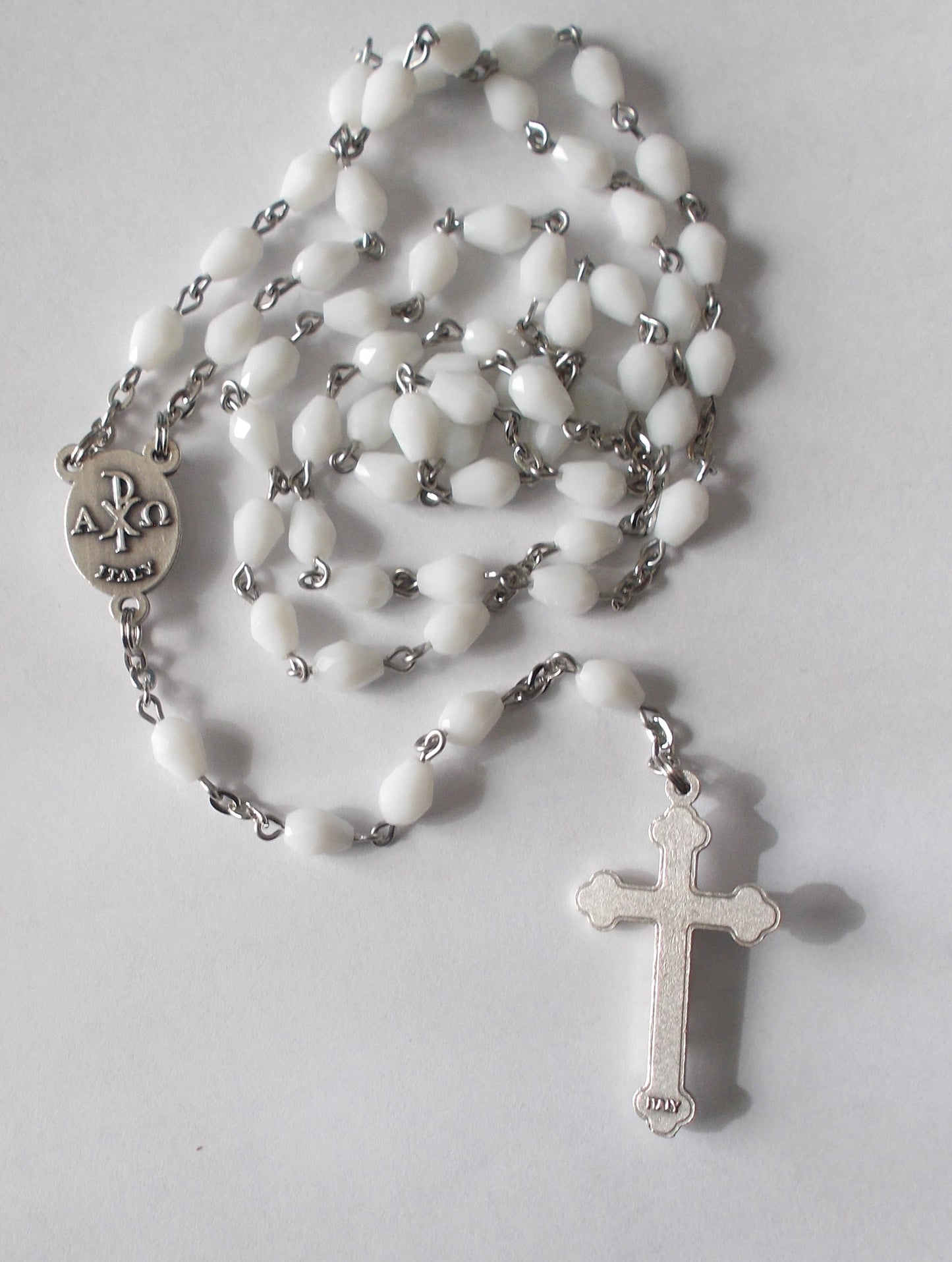 1st Communion Rosary - White Teardrop Opaque with Satin Pouch