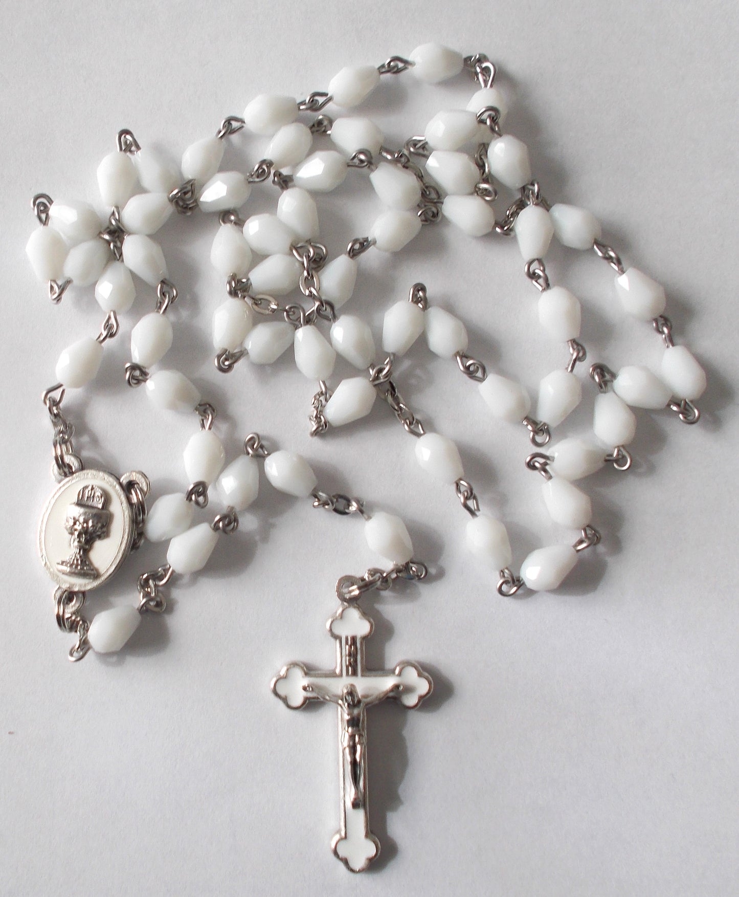 1st Communion Rosary - White Teardrop Opaque with Satin Pouch