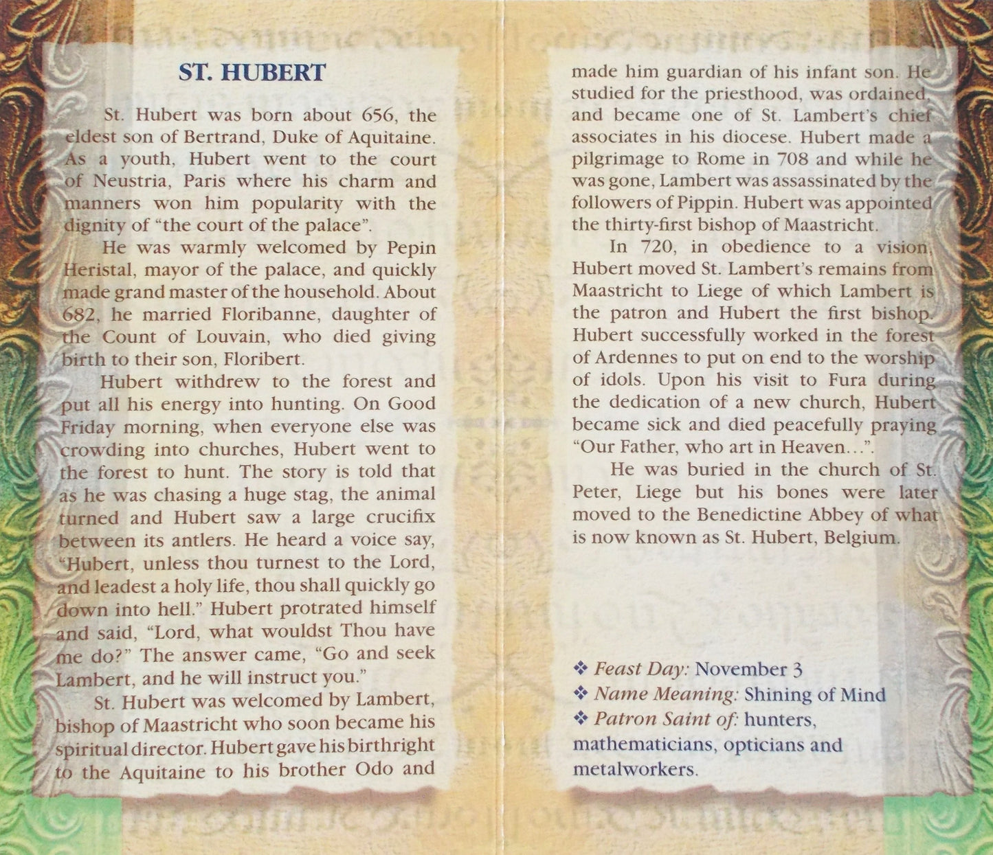 St. Hubert Biography Prayer Pamphlet