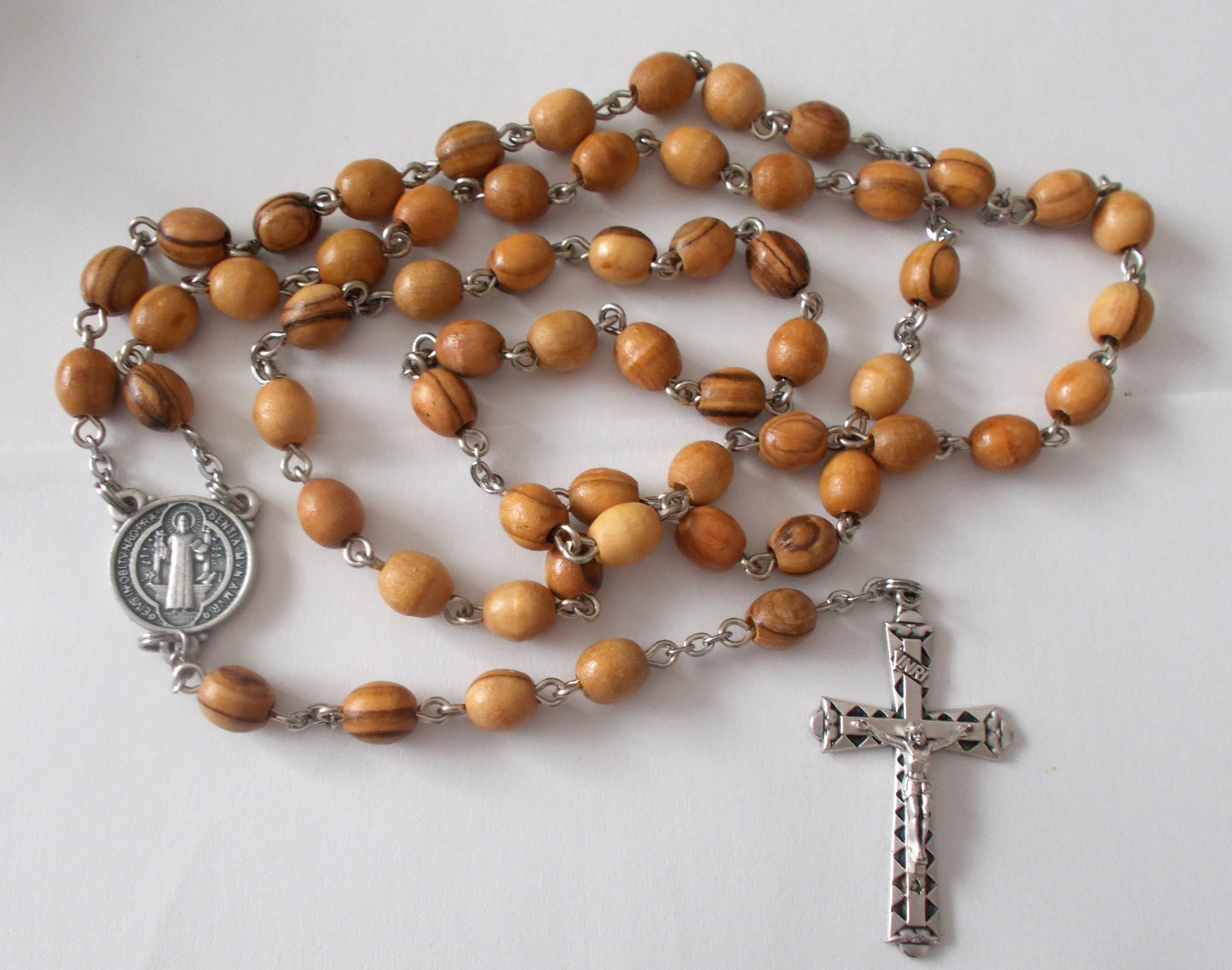Olive Wood Beads Rosary - Large Oval Beads -St. Benedict