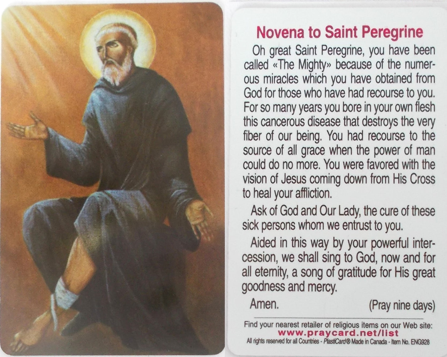 St. Peregrine Plastic Prayercard - Cancer Patron Saint