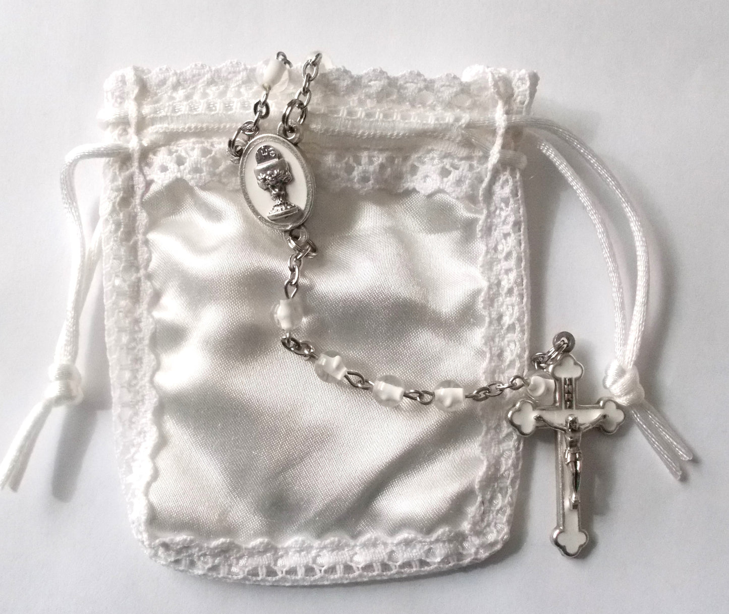 1st Communion Rosary - White / Clear with Satin pouch