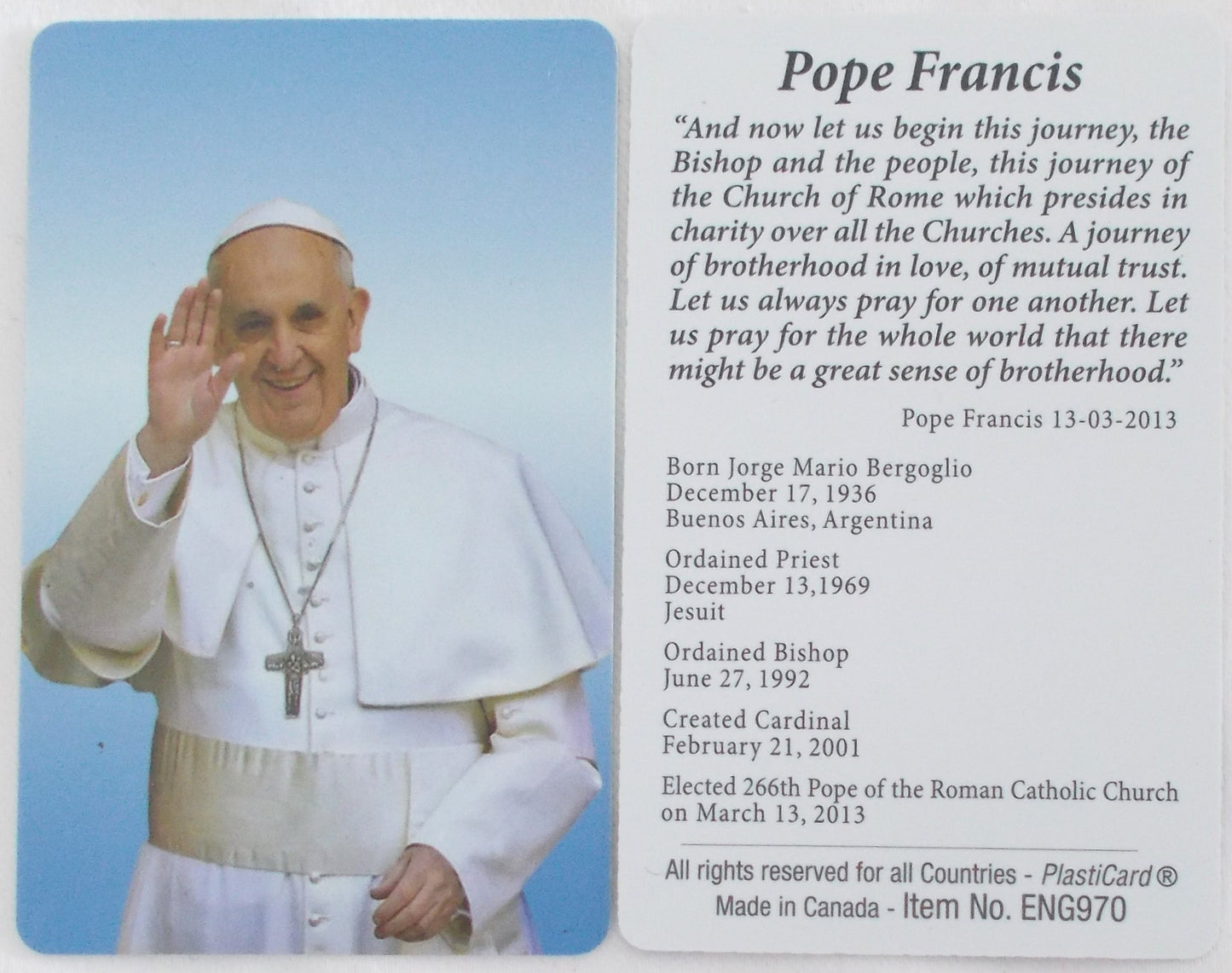 Pope Francis Plastic Prayercard