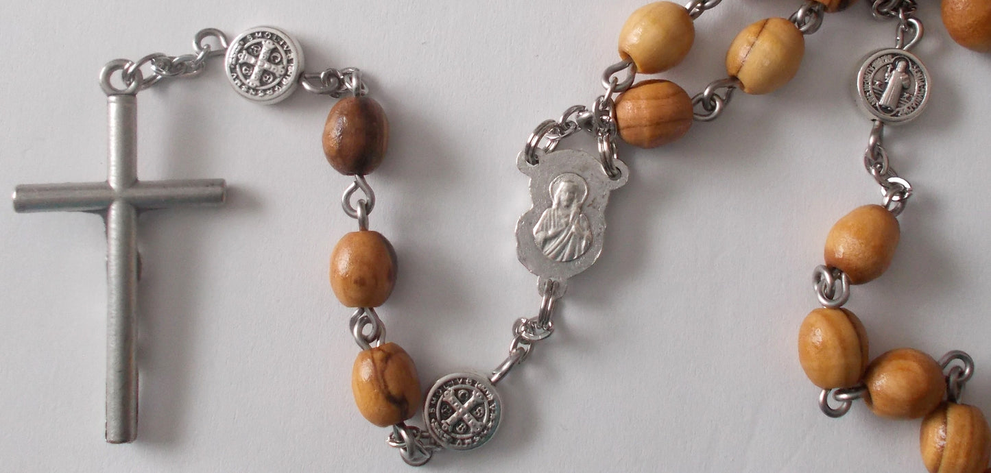 Olive Wood Beads Rosary - Large Oval Beads -St. Benedict