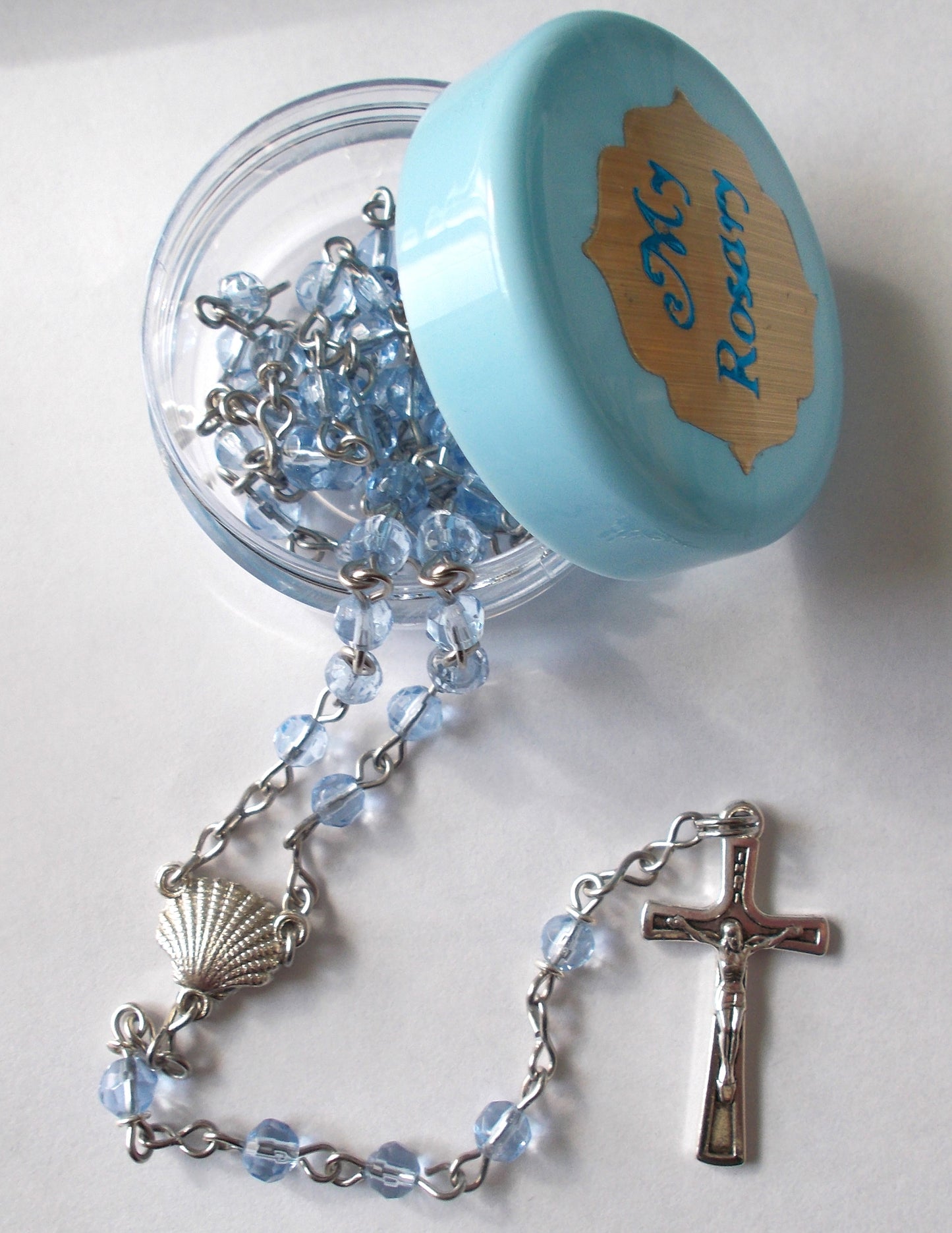 Baby Blue Tiny Bead Rosary with Baptism Shell Center