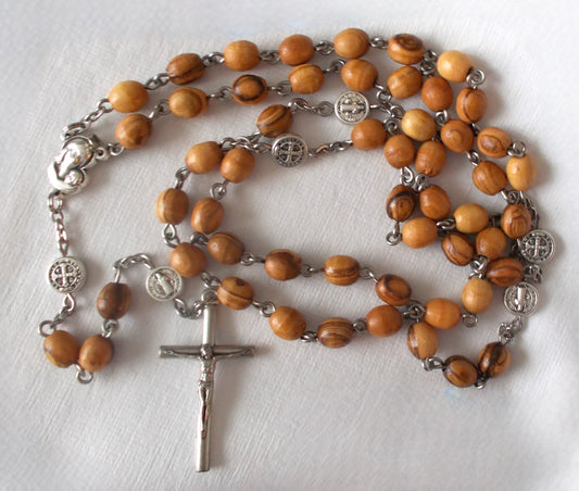 Olive Wood Beads Rosary - Large Oval Beads -St. Benedict