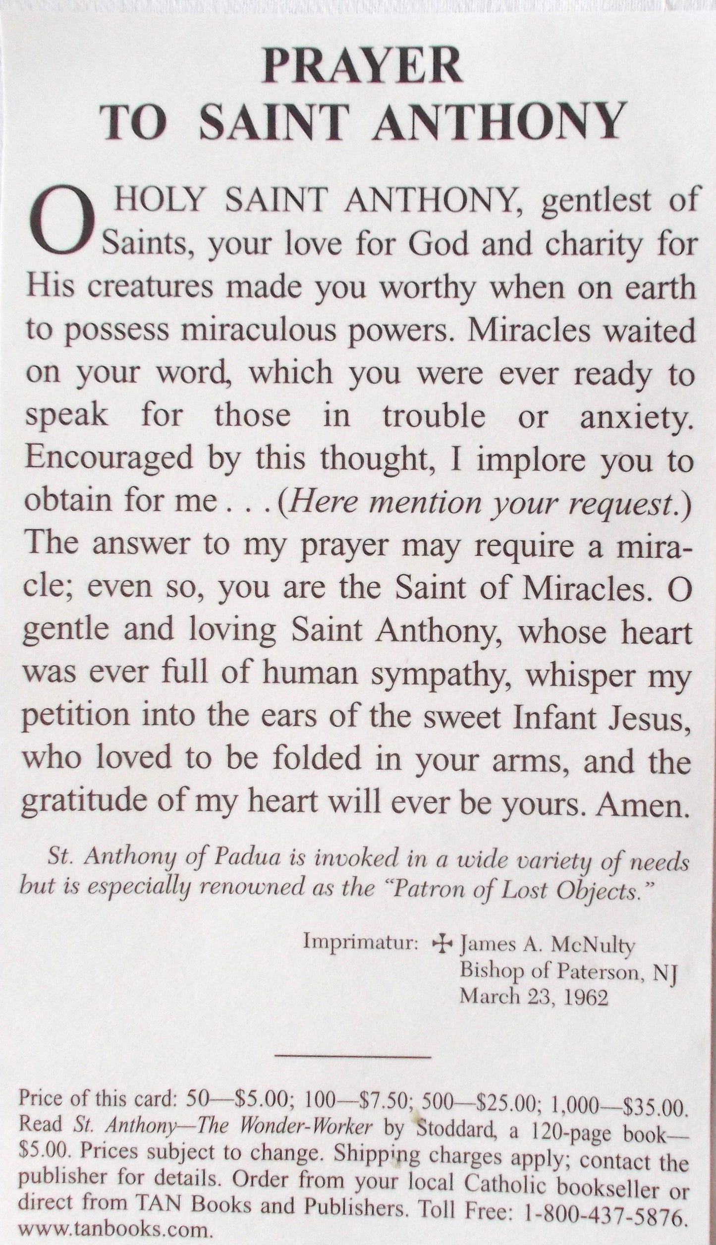 St. Anthony Large Prayercard