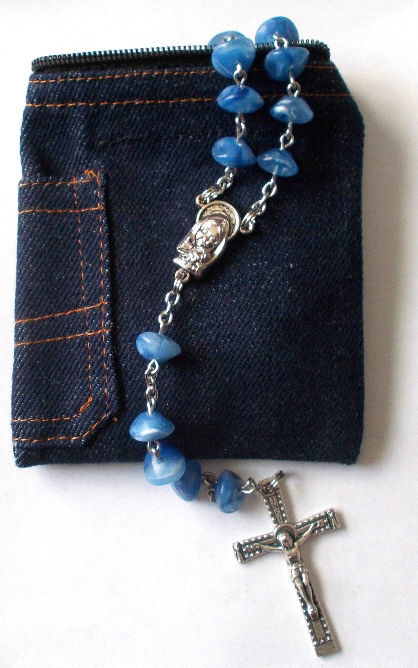 Unique Blue Beads Chain Rosary with Pouch