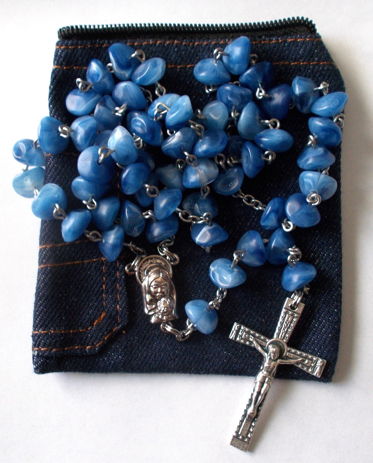 Unique Blue Beads Chain Rosary with Pouch