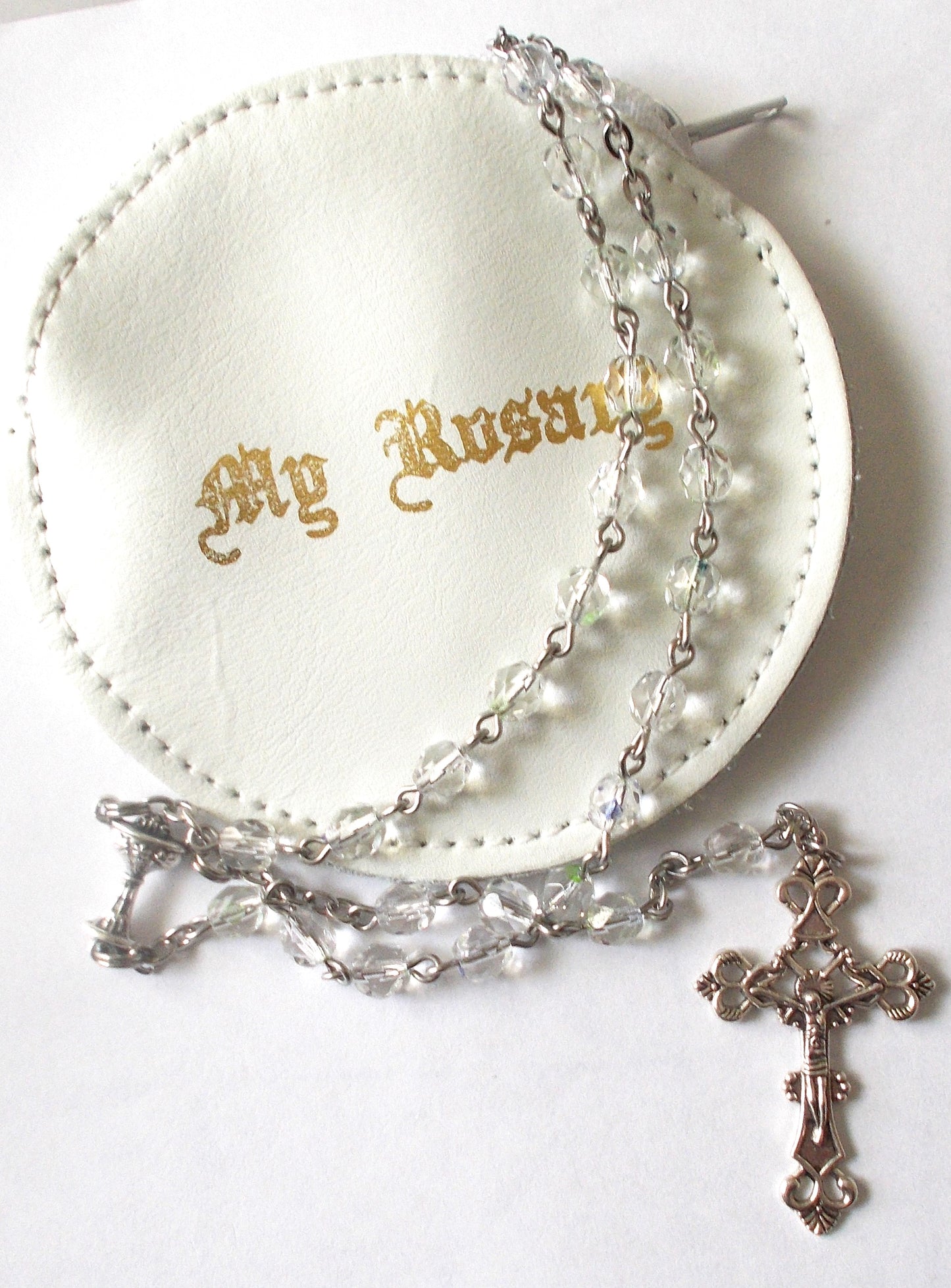First Communion Clear Rosary with Leather Pouch