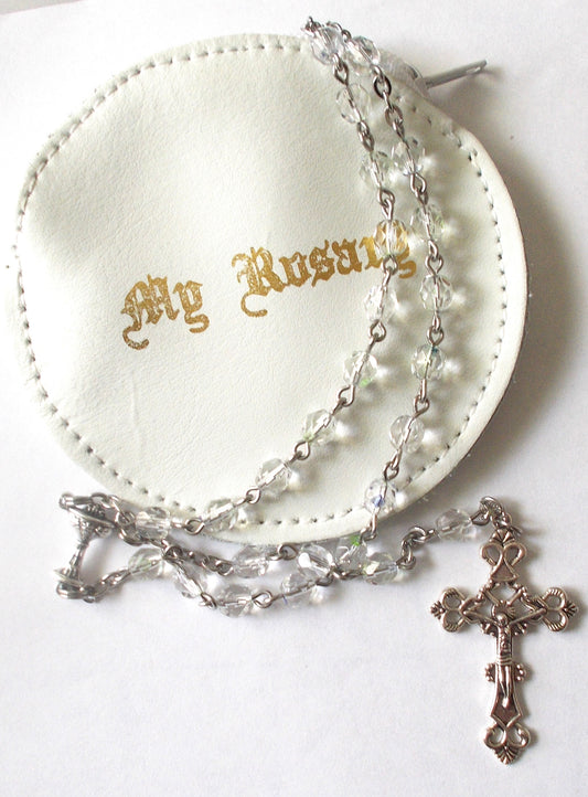 First Communion Clear Rosary with Leather Pouch