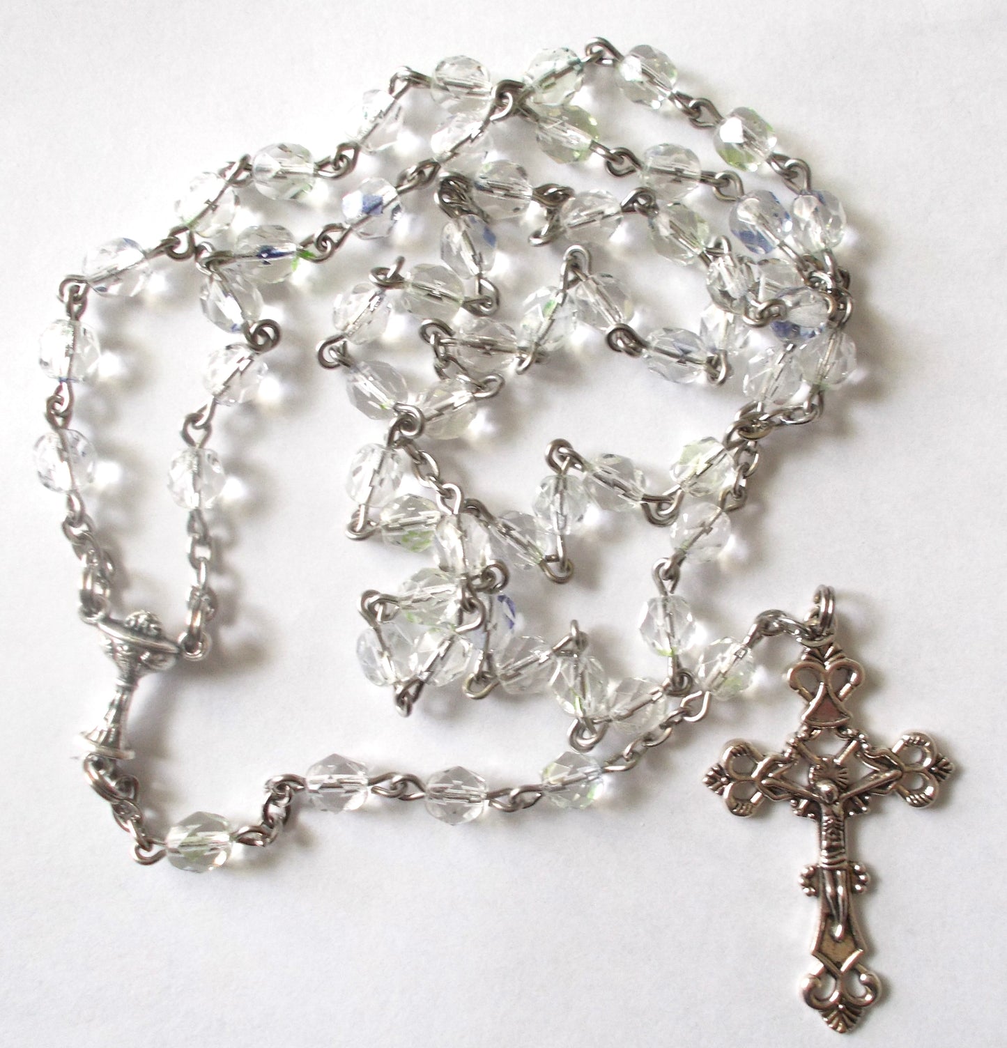 First Communion Clear Rosary with Leather Pouch