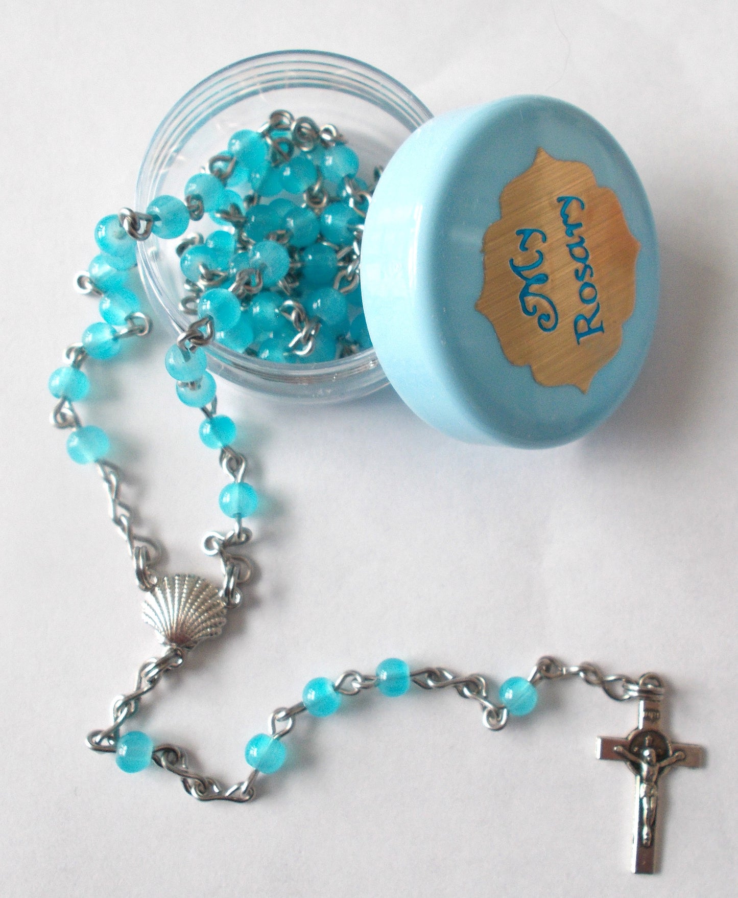 Blue Tiny Bead Rosary with Baptism Shell Center