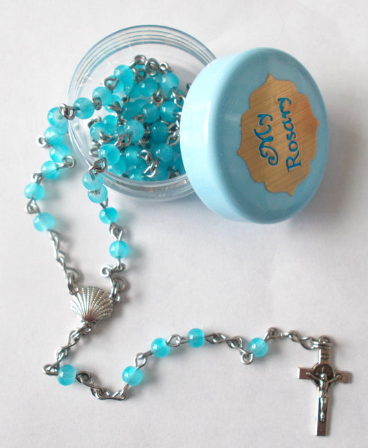 Blue Tiny Bead Rosary with Baptism Shell Center