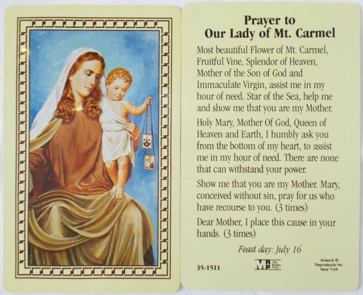 Plastic - Our Lady of Mt. Carmel Prayercard