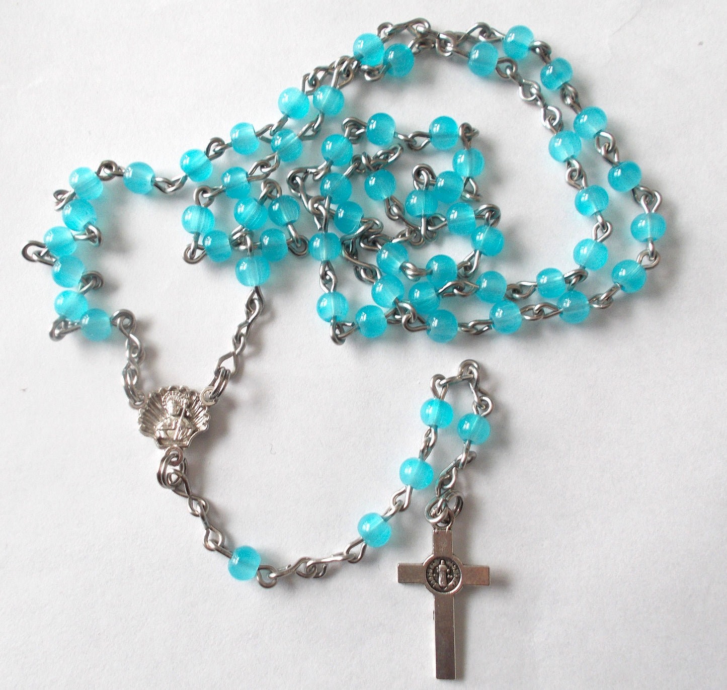 Blue Tiny Bead Rosary with Baptism Shell Center