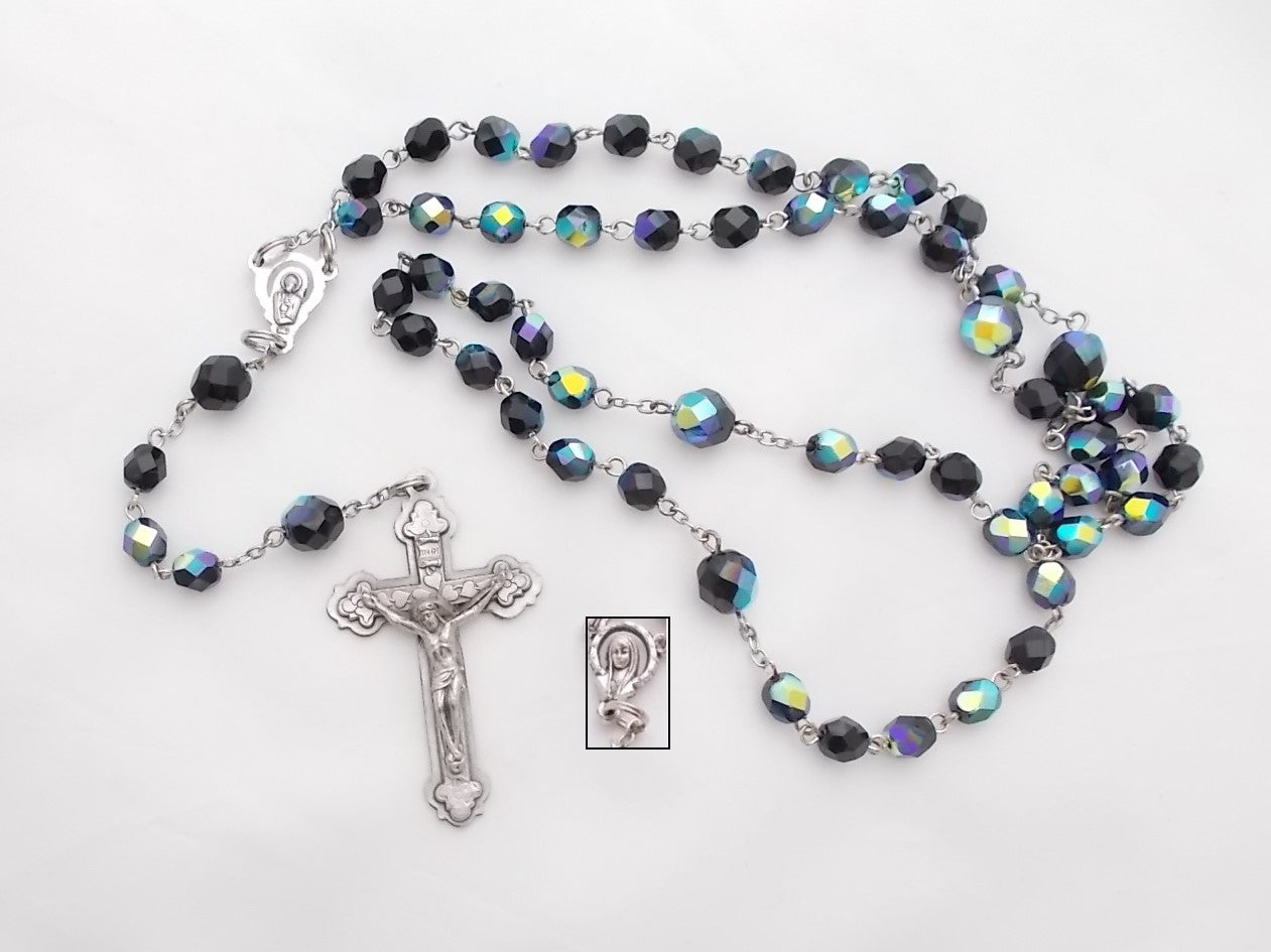 Rosary - Chain with Aurora Borealis Black Glass Beads
