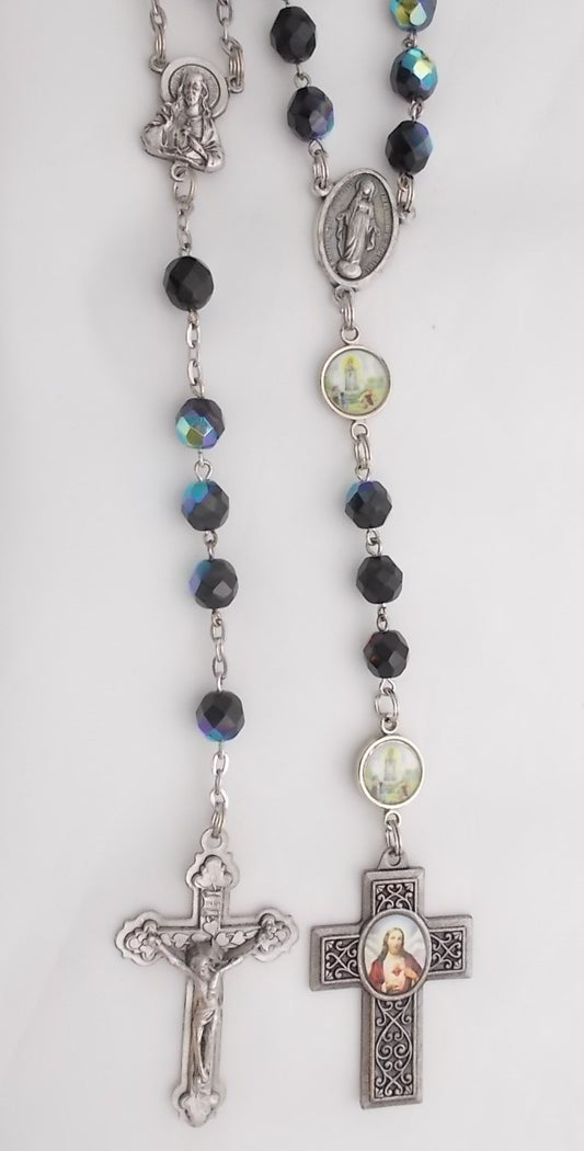 Rosary - Chain with Aurora Borealis Large Black Glass Beads