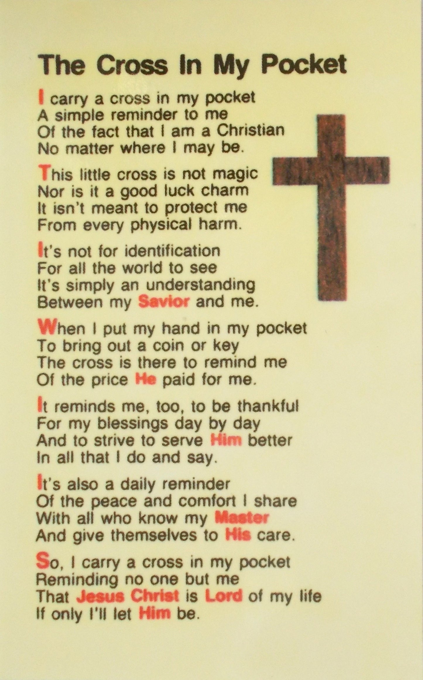 The Cross In My Pocket - Coated Cardstock Prayercard