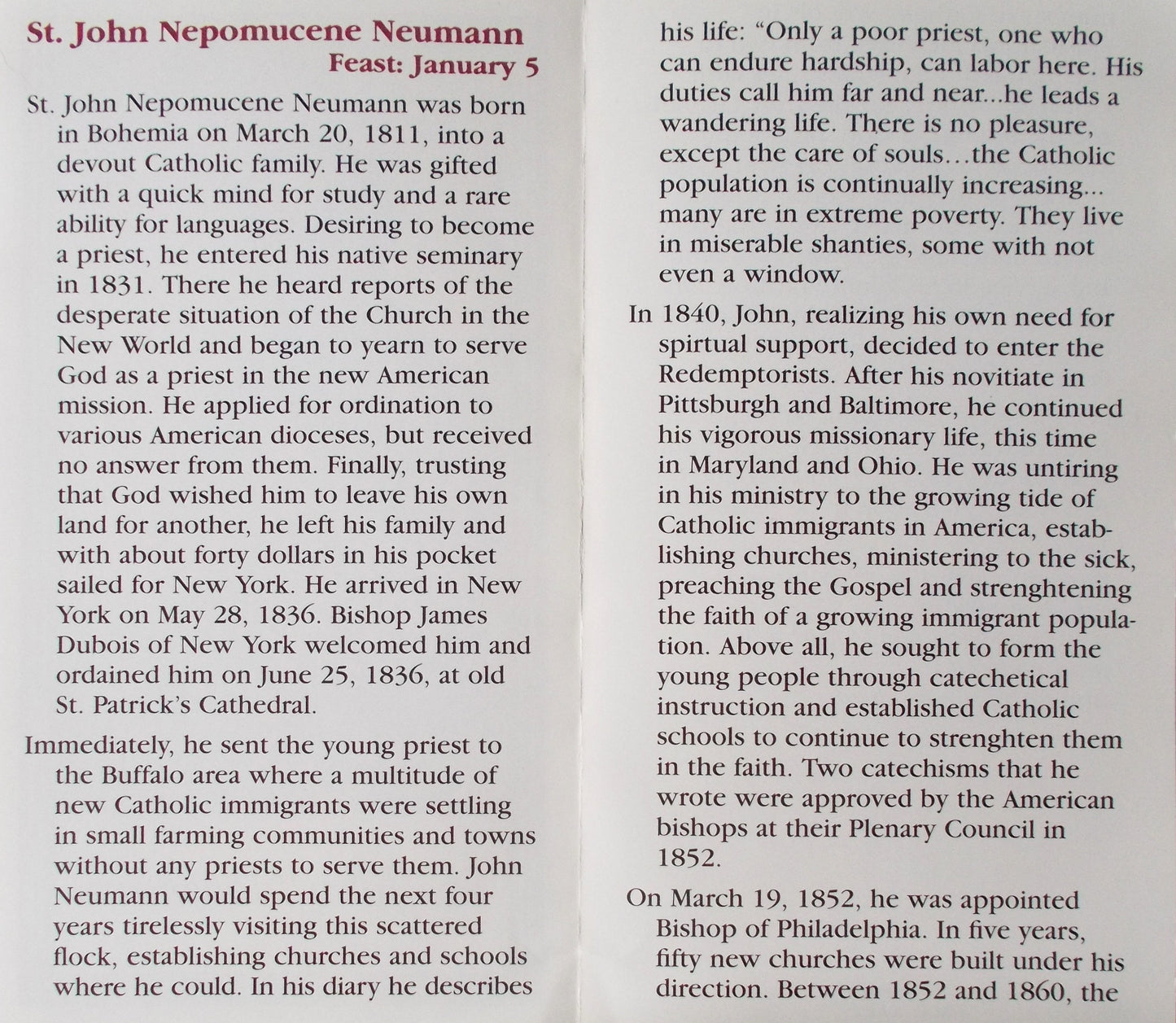 St. John Neumann - Paper Pamphlet