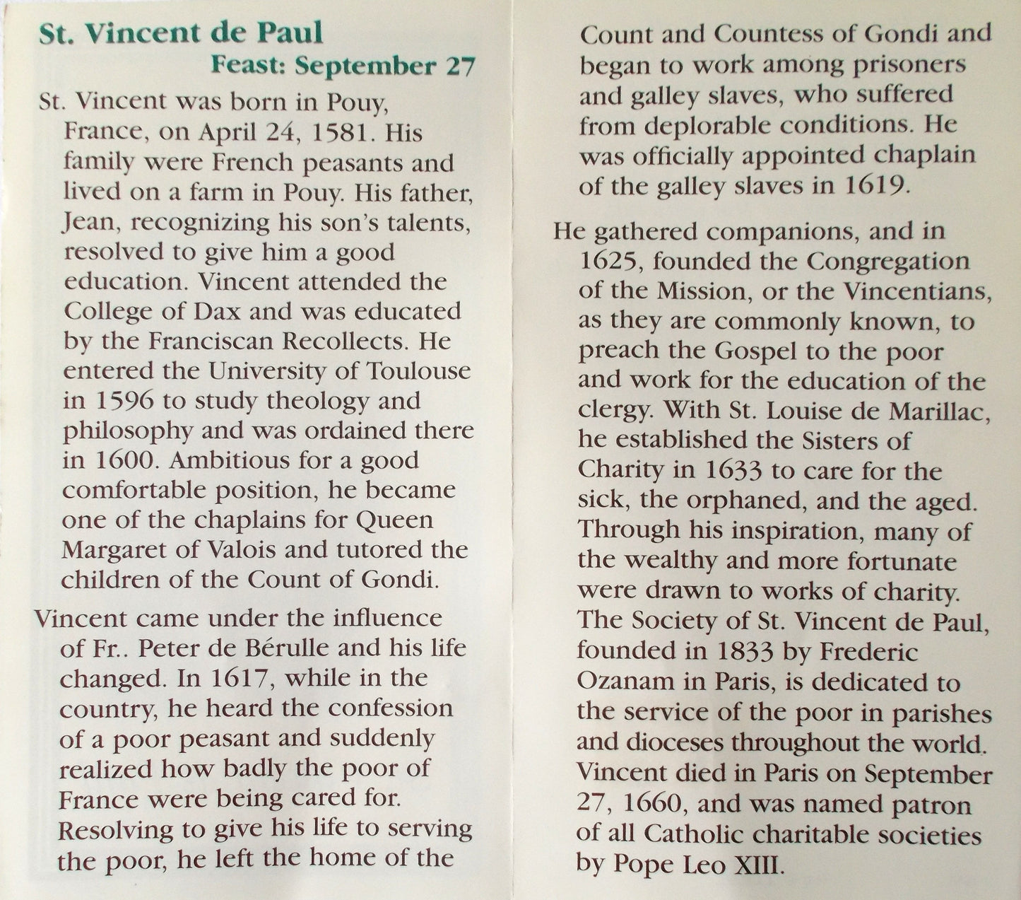 St. Vincent de Paul Paper Pamphlet