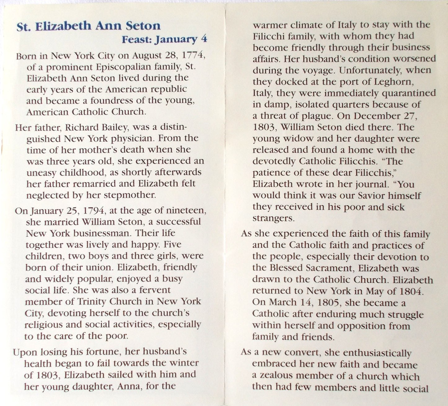 St. Elizabeth Ann Seton Paper Pamphlet