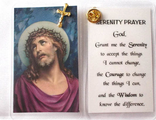 Crucifix Lapel Pin & Serenity Prayer Laminated Prayercard