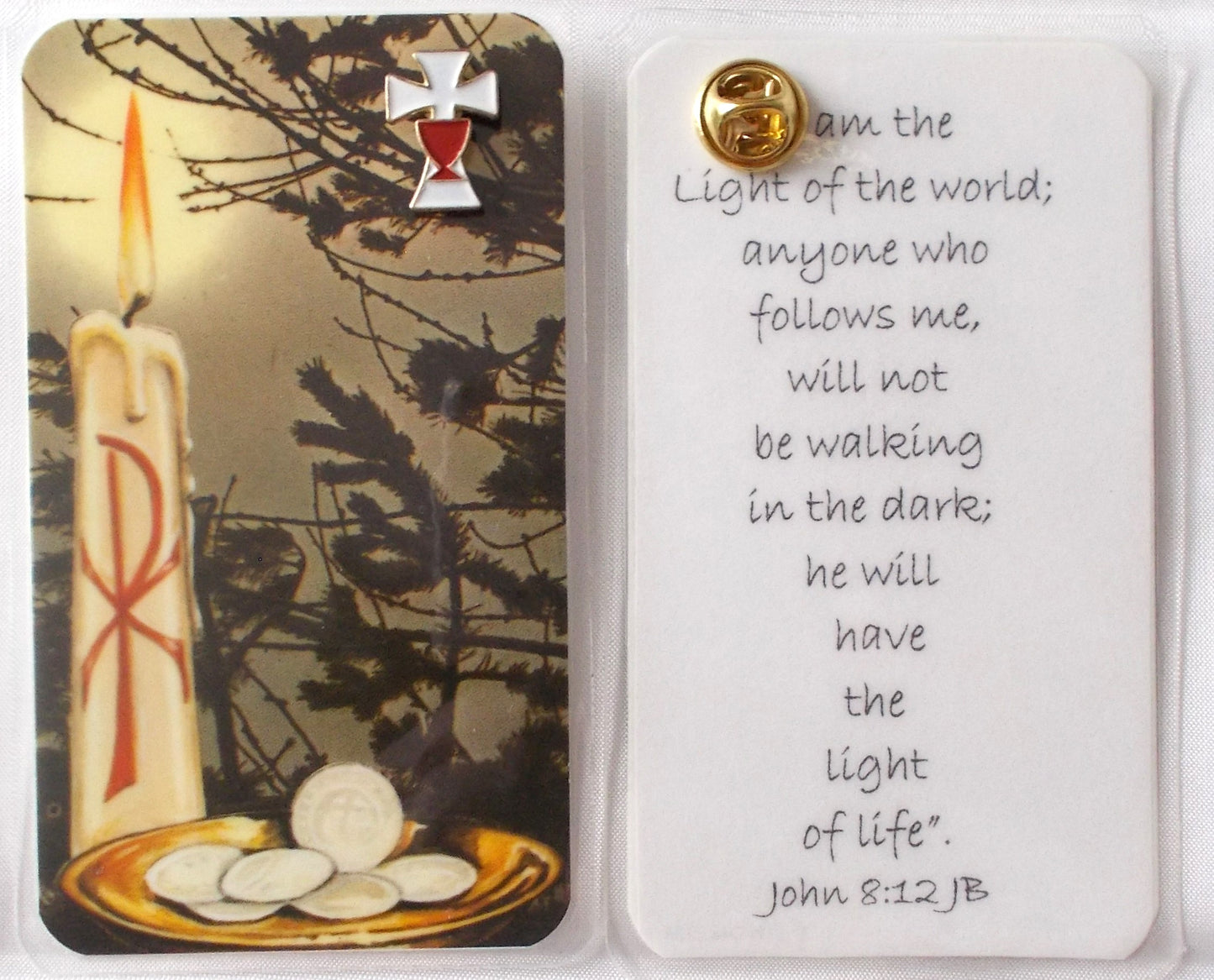 White Cross with Red Chalice Lapel Pin & Laminated Prayercard - John 8:12