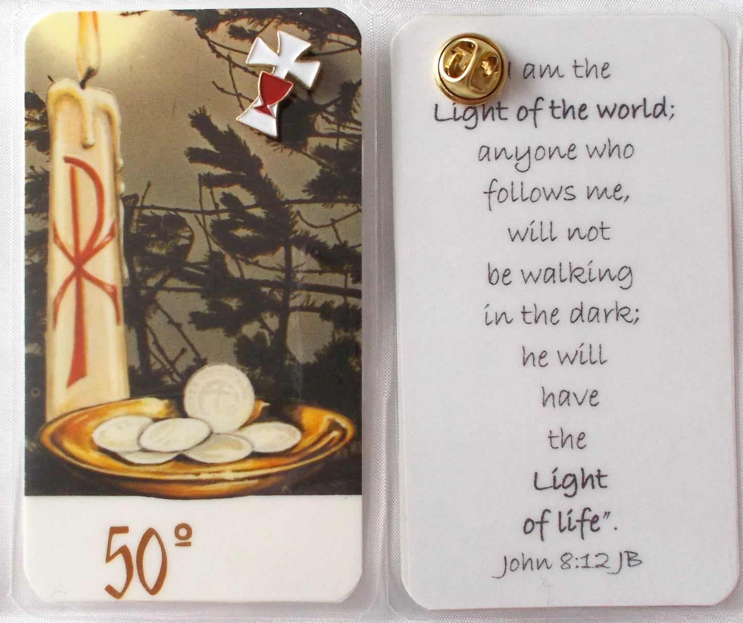 White Cross with Red Chalice Lapel Pin & Laminated Prayercard - John 8:12 - 50th