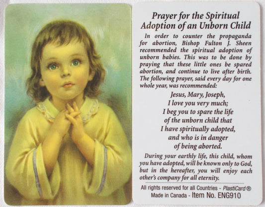 Spiritual Adoption of an Unborn Child - Plastic Prayercard