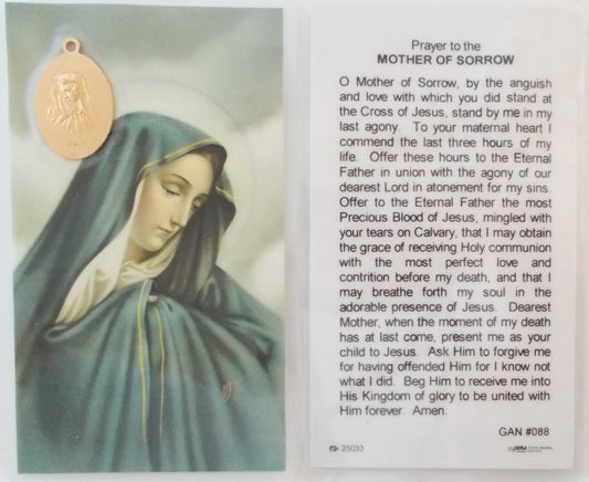 Laminated with Medal - Mother of Sorrow - Prayer to